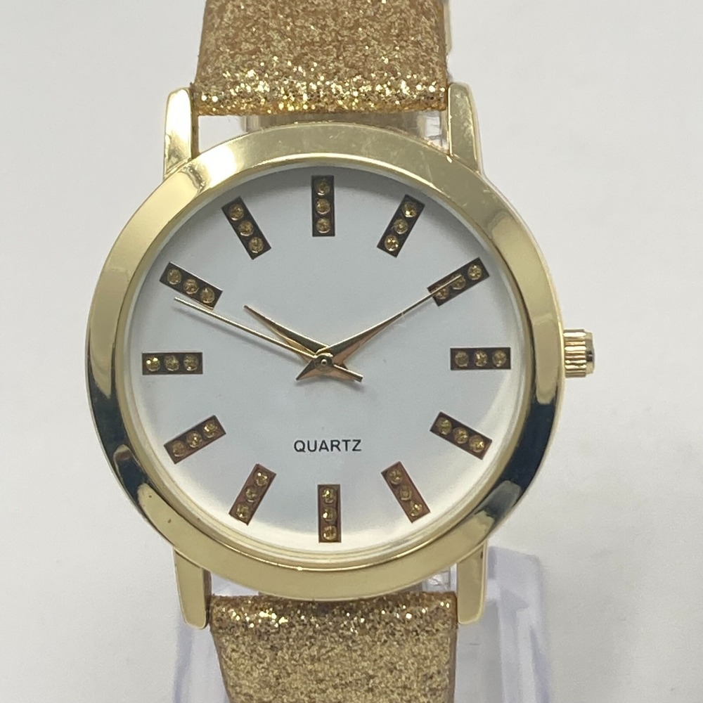 Women's Watch Gold Tone Glitter 34mm Round Sparkle Party New Battery 8"